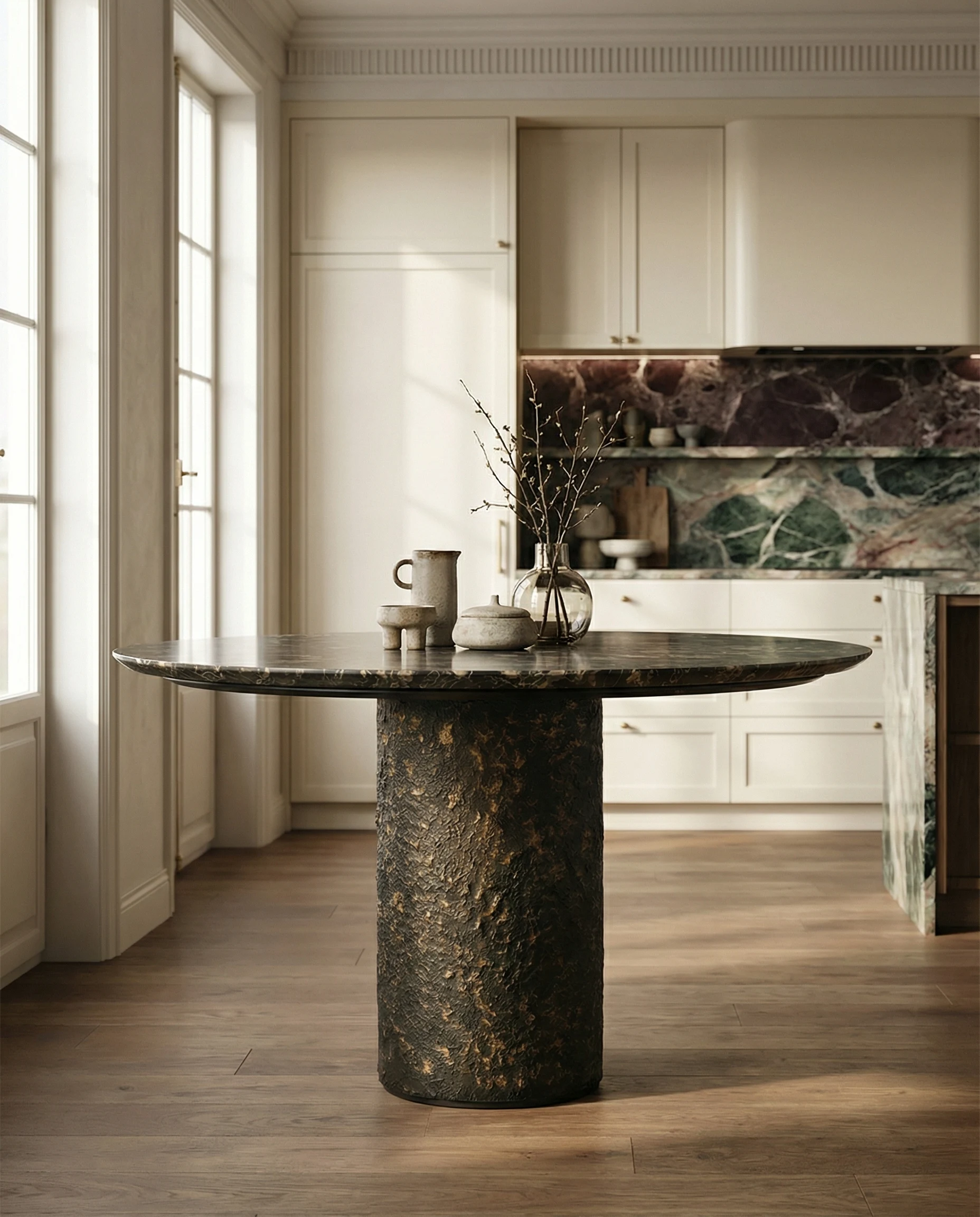 Bronze Dining Table — sculptural stone form as the centrepiece of a dining room